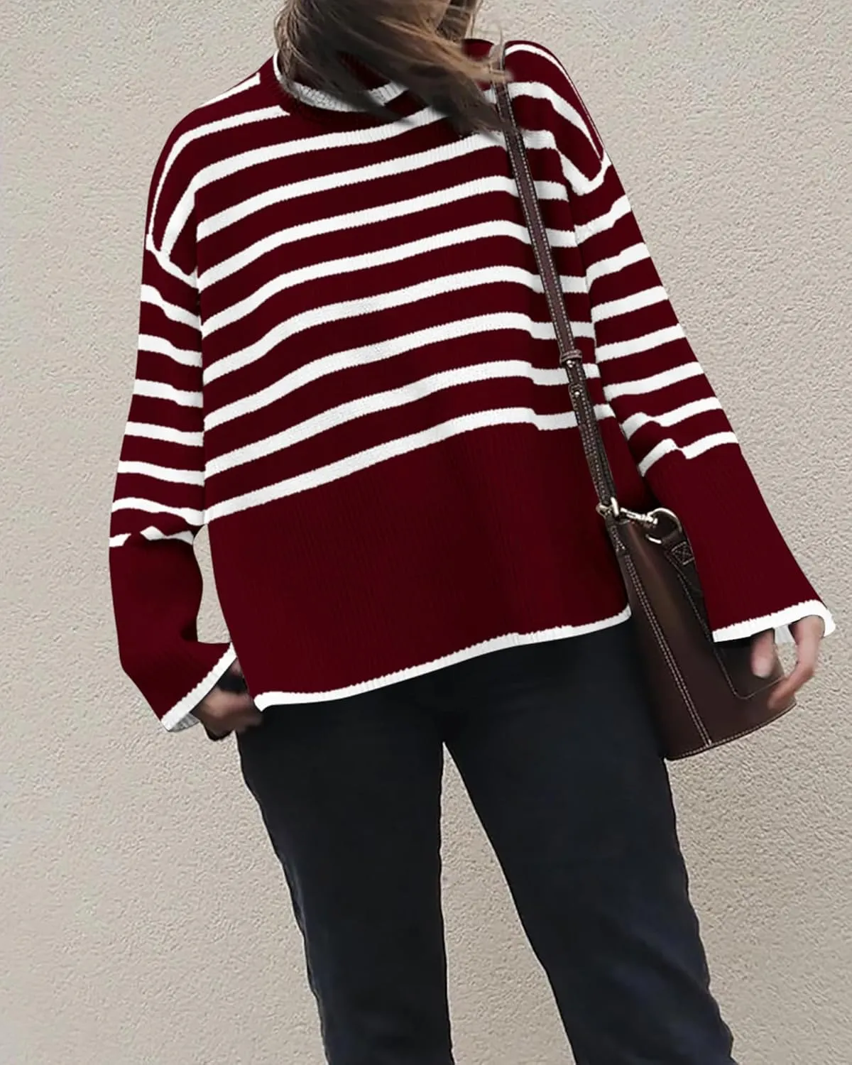 BTFBM Women Casual Turtleneck Striped Sweater 2024 Fall Winter Jumper Tops Long Sleeve Side Slit Oversized Knit Pullover
