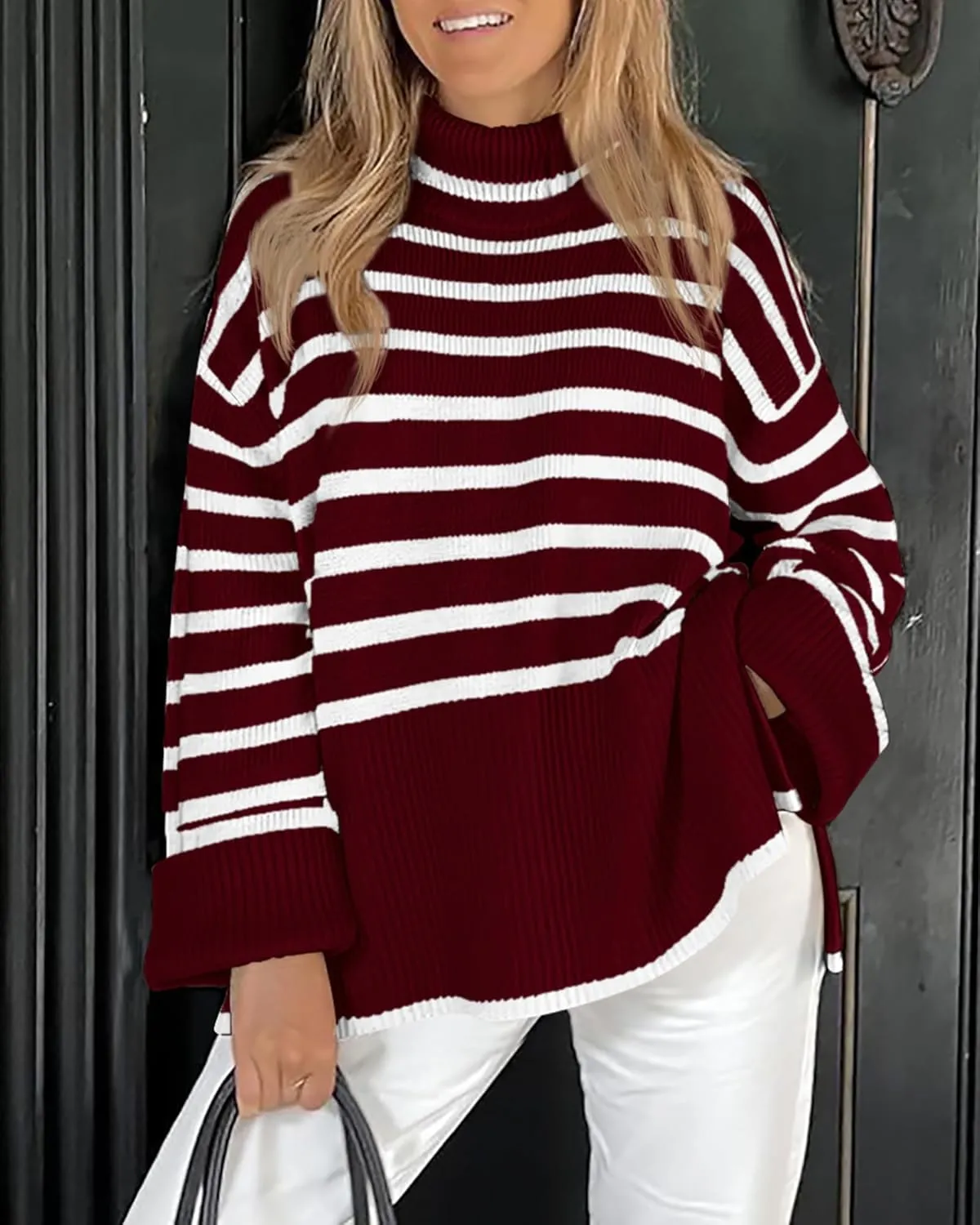 BTFBM Women Casual Turtleneck Striped Sweater 2024 Fall Winter Jumper Tops Long Sleeve Side Slit Oversized Knit Pullover