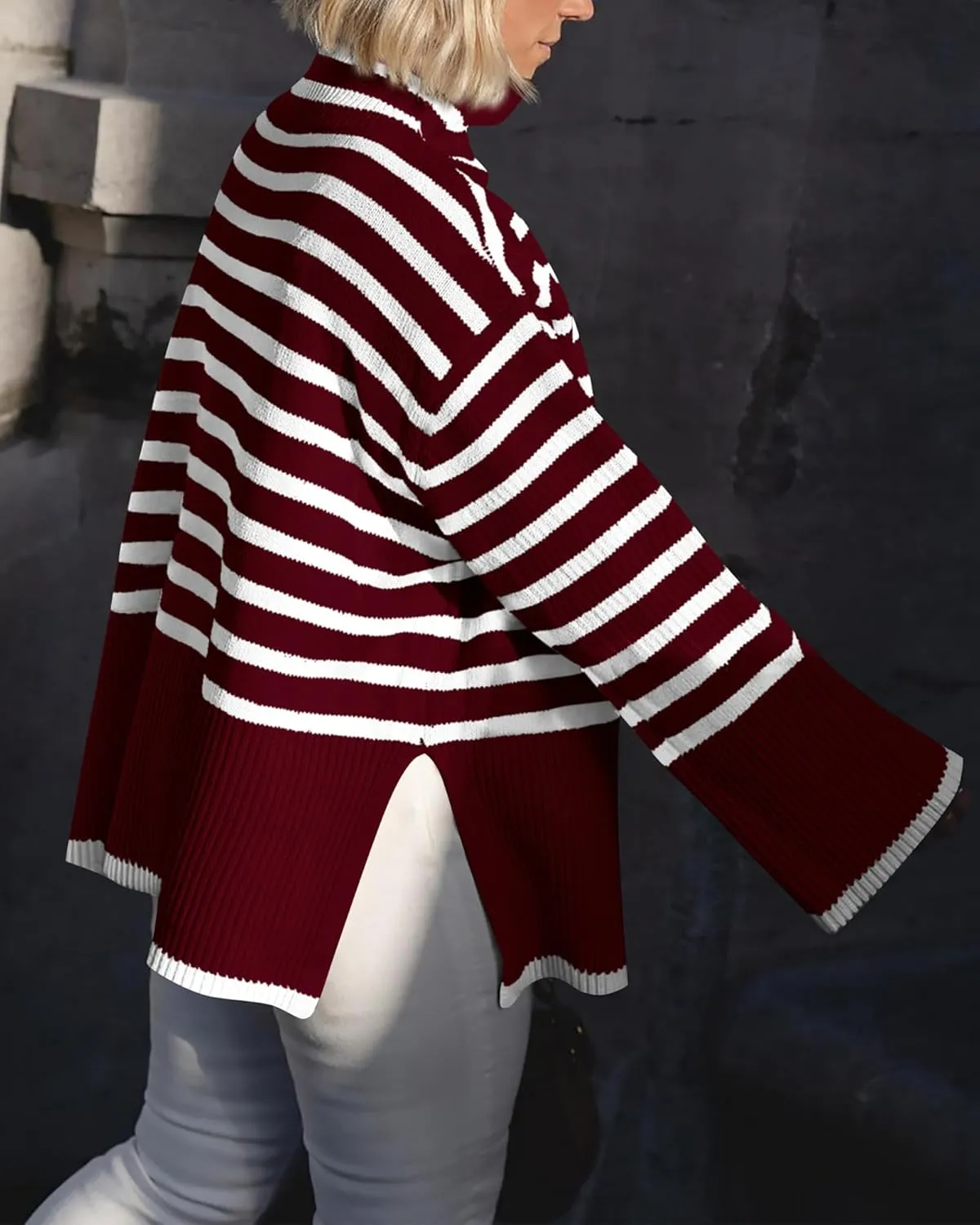 BTFBM Women Casual Turtleneck Striped Sweater 2024 Fall Winter Jumper Tops Long Sleeve Side Slit Oversized Knit Pullover