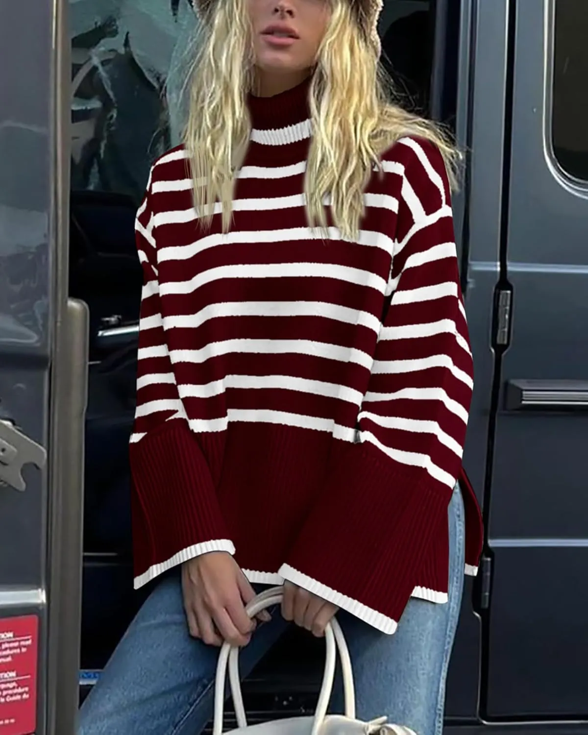 BTFBM Women Casual Turtleneck Striped Sweater 2024 Fall Winter Jumper Tops Long Sleeve Side Slit Oversized Knit Pullover