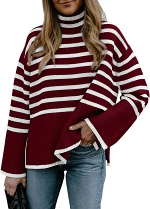 BTFBM Women Casual Turtleneck Striped Sweater 2024 Fall Winter Jumper Tops Long Sleeve Side Slit Oversized Knit Pullover