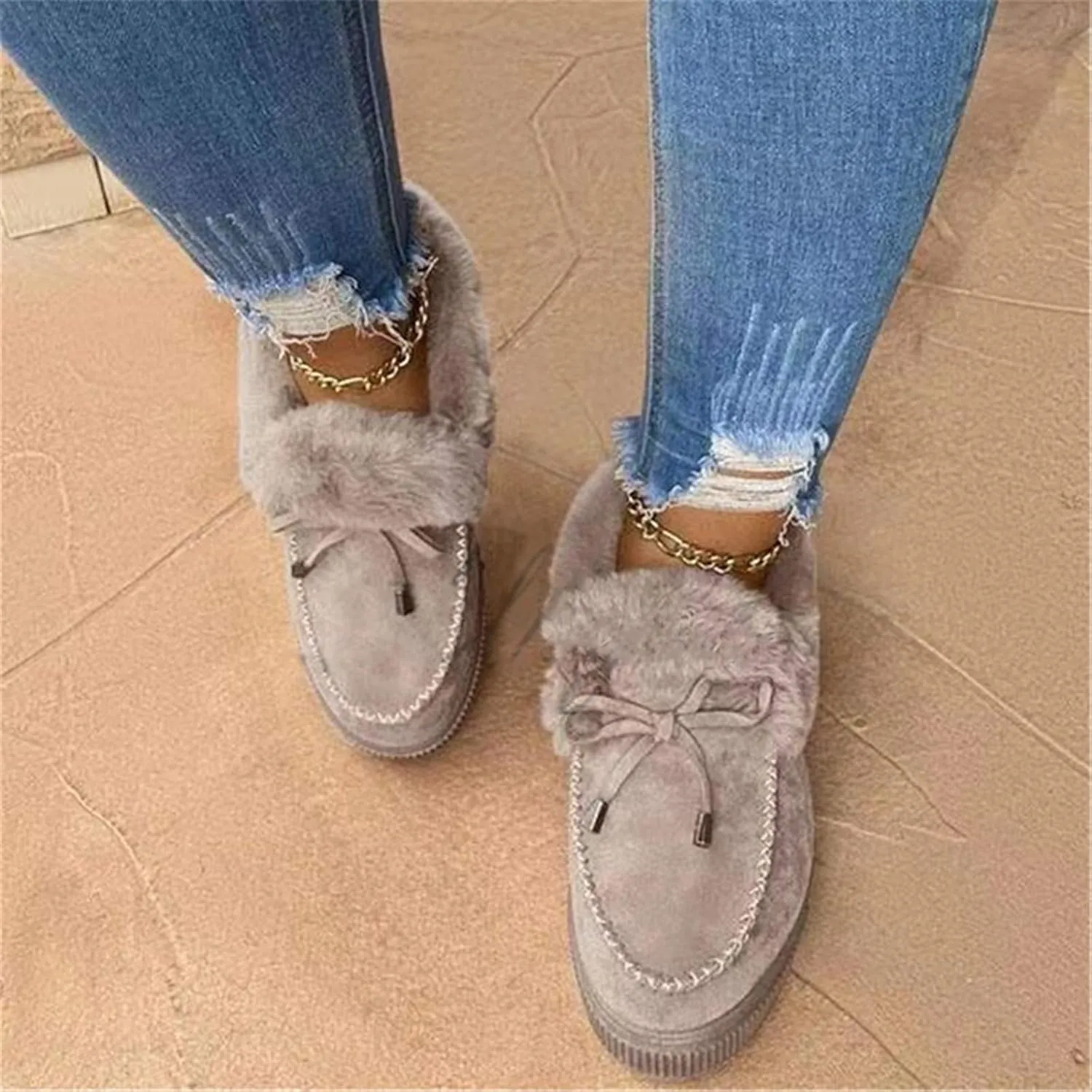 Casual Fashion Flat Boots with Fur Lined for Women, Winter Warm Booties Anti-Slip Thermal Shoes Comfortable Moccasins Snow Boots, Cold Weather Furry Slippers Men Plush Sneakers,Gray,7