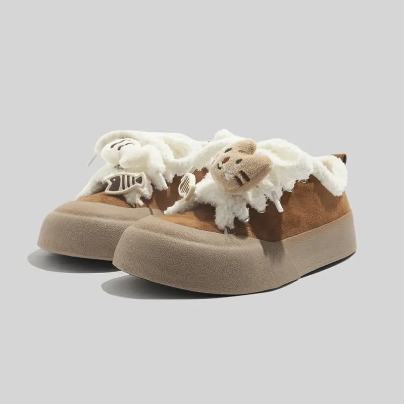 Cat Shoes Walking Sneakers for Women Platform Y2K Fur Lined Cute Fish Cat Decor Soft Comfortable US4-8