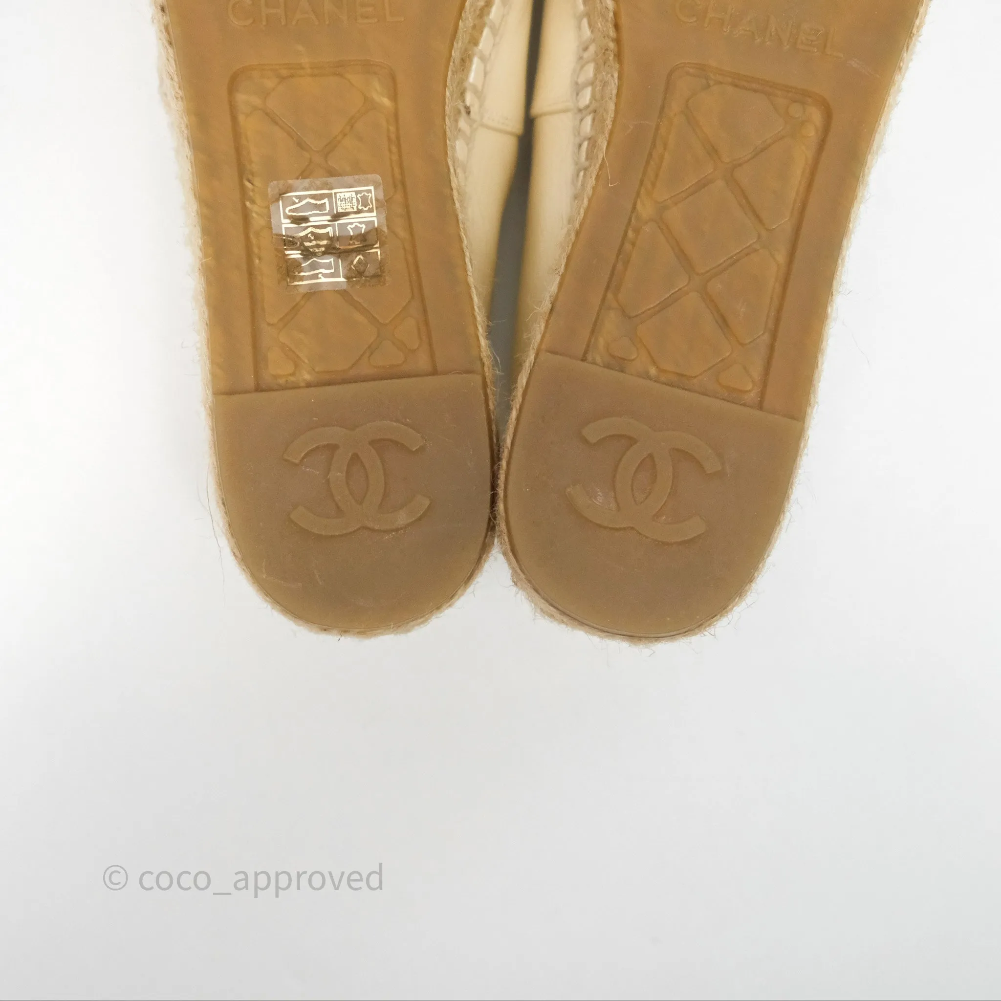 Chanel CC Espadrilles Pearly Ivory Black Leather Size 37