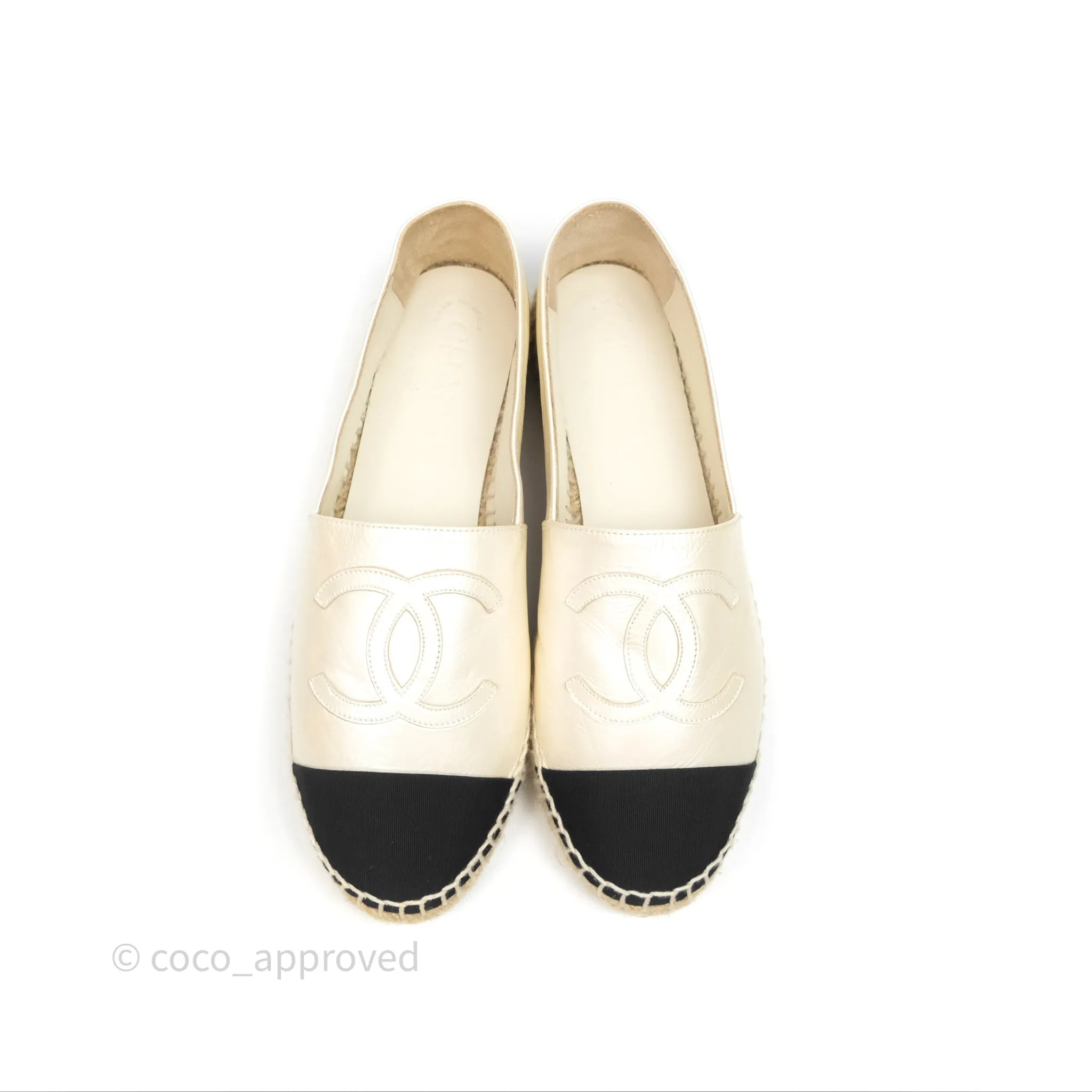 Chanel CC Espadrilles Pearly Ivory Black Leather Size 37