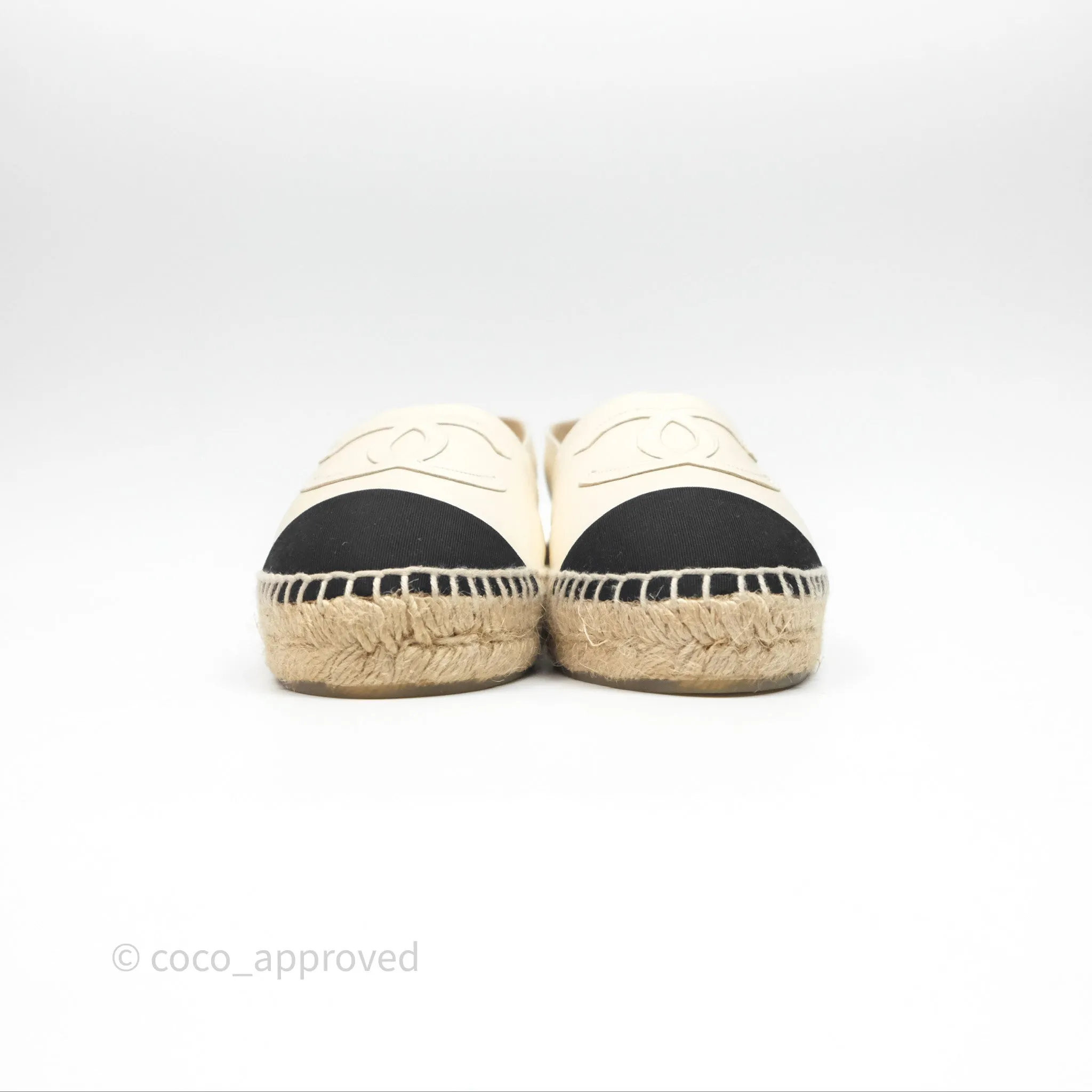 Chanel CC Espadrilles Pearly Ivory Black Leather Size 37