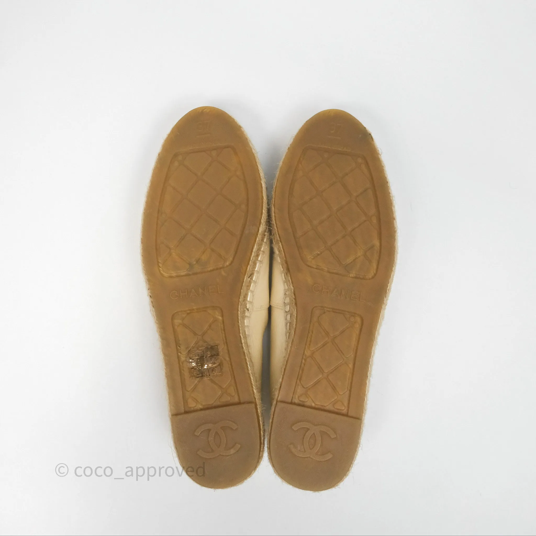 Chanel CC Espadrilles Pearly Ivory Black Leather Size 37