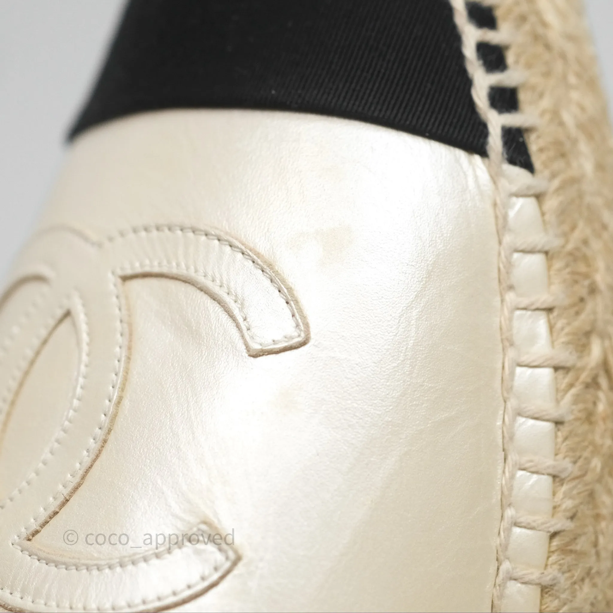 Chanel CC Espadrilles Pearly Ivory Black Leather Size 37