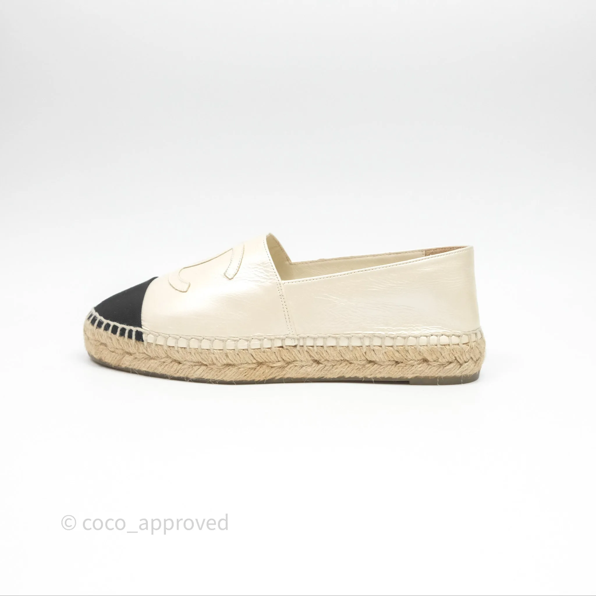 Chanel CC Espadrilles Pearly Ivory Black Leather Size 37
