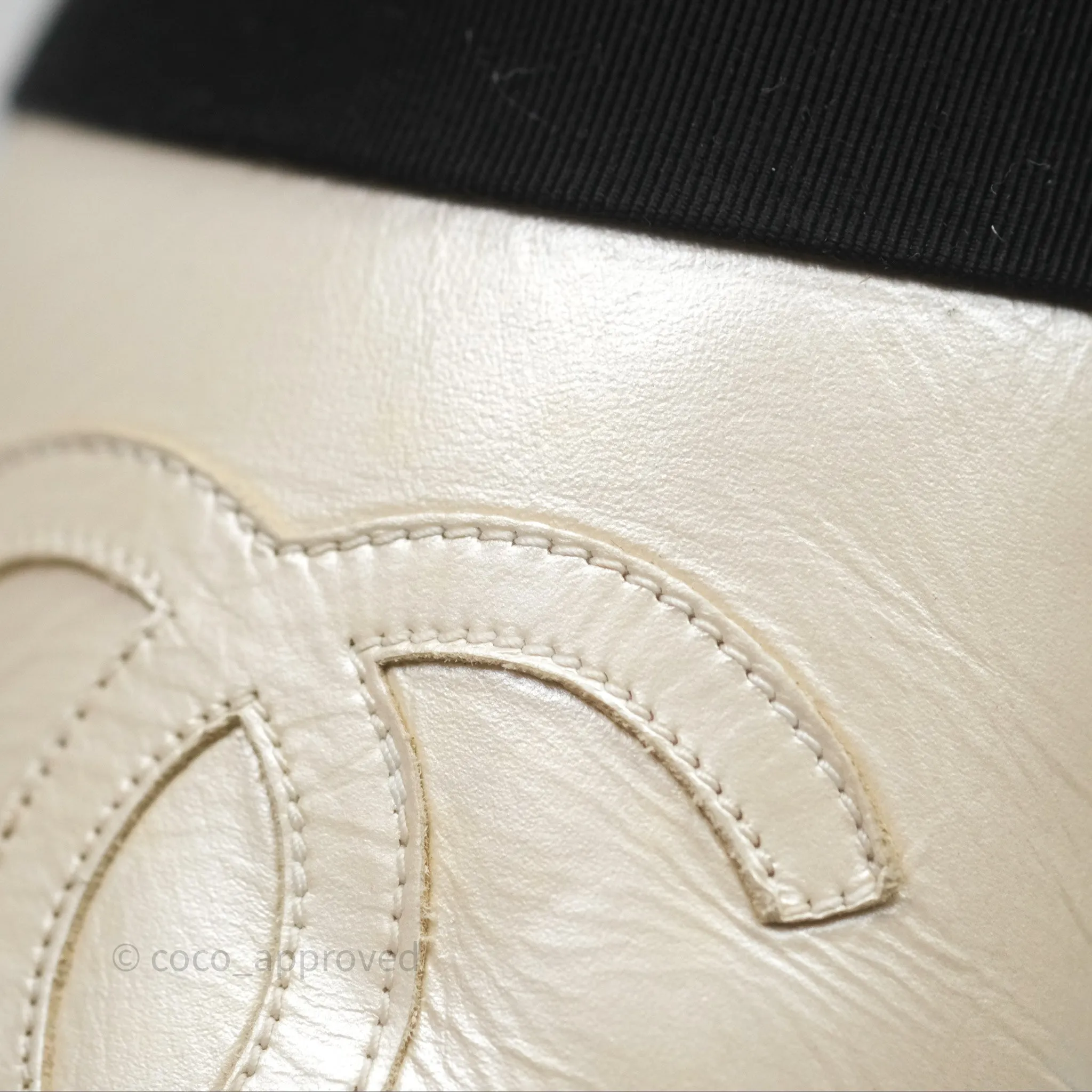 Chanel CC Espadrilles Pearly Ivory Black Leather Size 37
