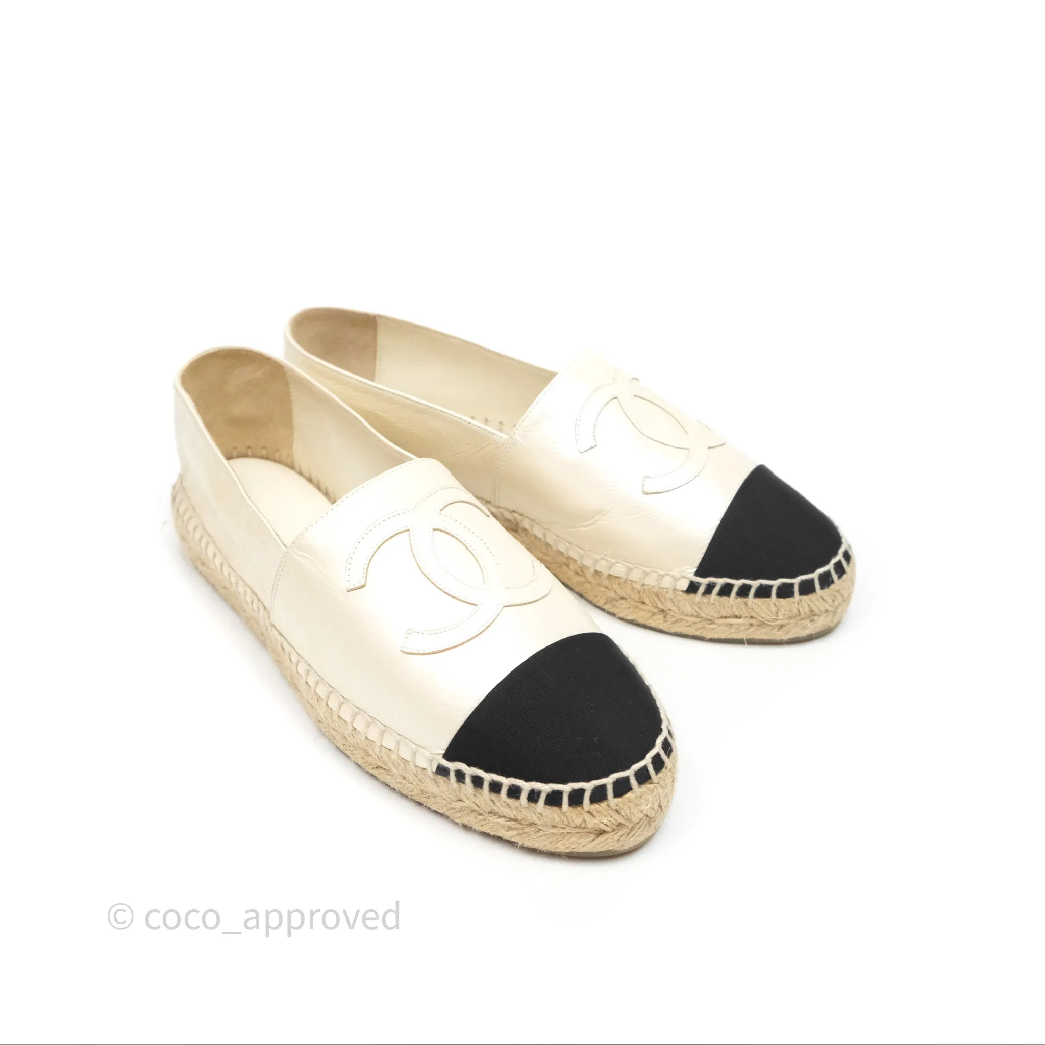 Chanel CC Espadrilles Pearly Ivory Black Leather Size 37