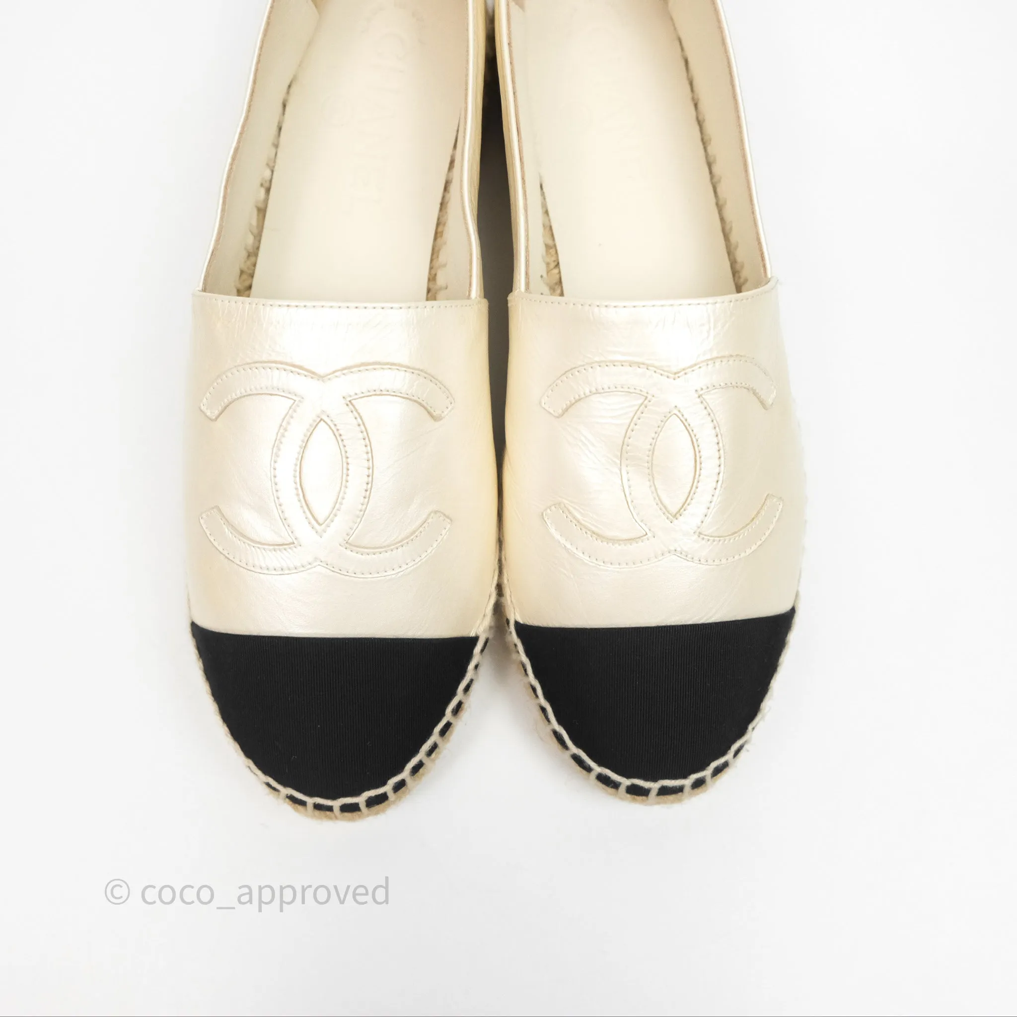 Chanel CC Espadrilles Pearly Ivory Black Leather Size 37