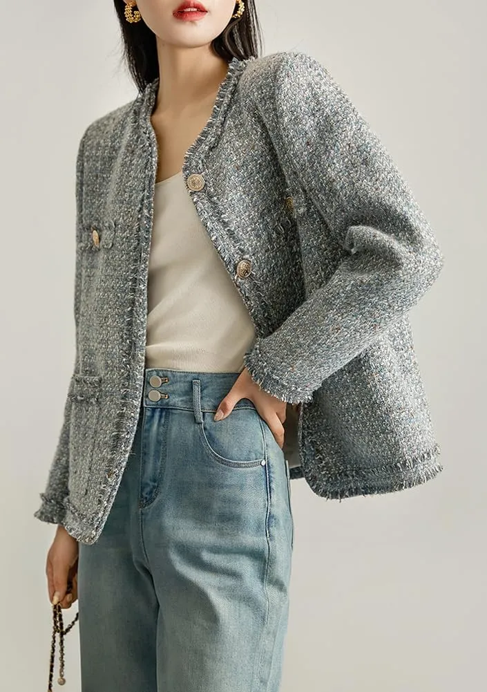 chouyatou Women's Elegant Houndstooth Tweed Jacket Button Down Fringed Tassel Blazer Jacket Coat