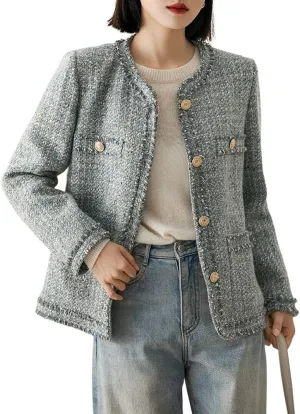 chouyatou Women's Elegant Houndstooth Tweed Jacket Button Down Fringed Tassel Blazer Jacket Coat
