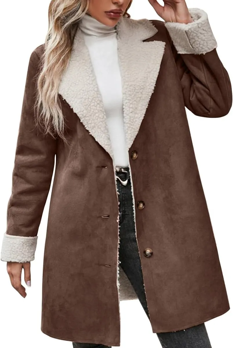 chouyatou Women's Winter Sherpa Lined Faux Suede Leather Jacket Oversized Notch Lapel Mid Long Overcoat