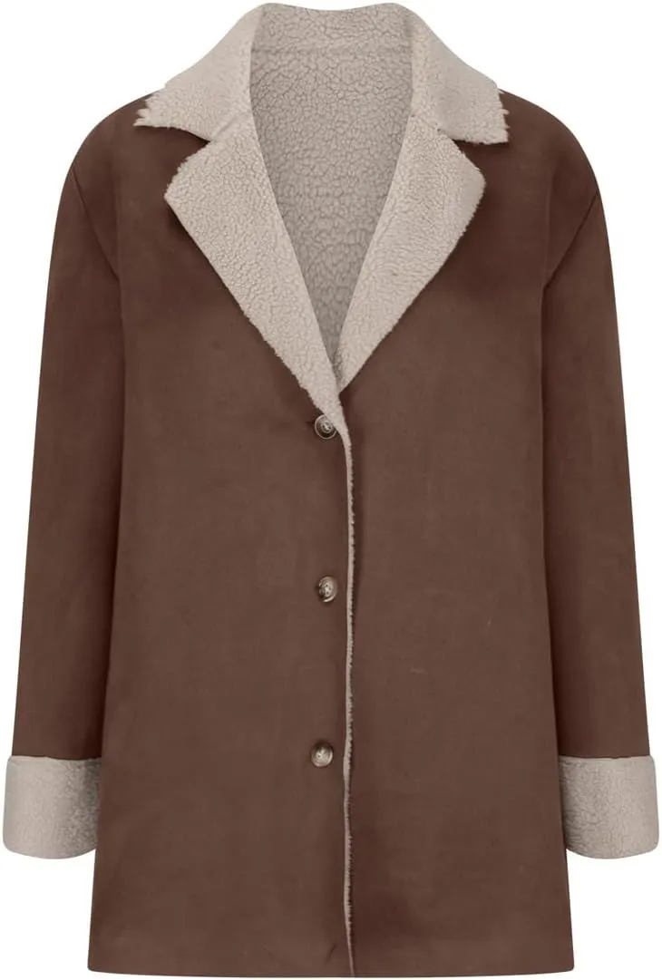 chouyatou Women's Winter Sherpa Lined Faux Suede Leather Jacket Oversized Notch Lapel Mid Long Overcoat