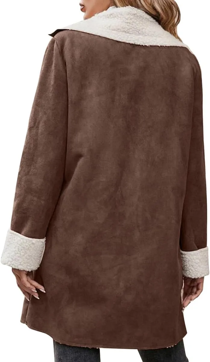 chouyatou Women's Winter Sherpa Lined Faux Suede Leather Jacket Oversized Notch Lapel Mid Long Overcoat