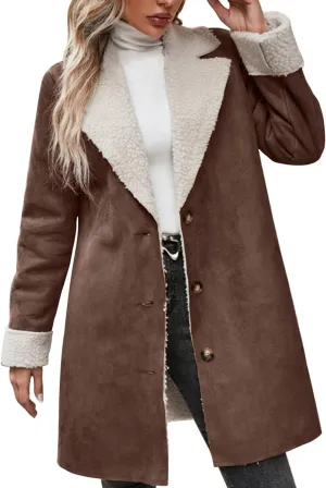 chouyatou Women's Winter Sherpa Lined Faux Suede Leather Jacket Oversized Notch Lapel Mid Long Overcoat