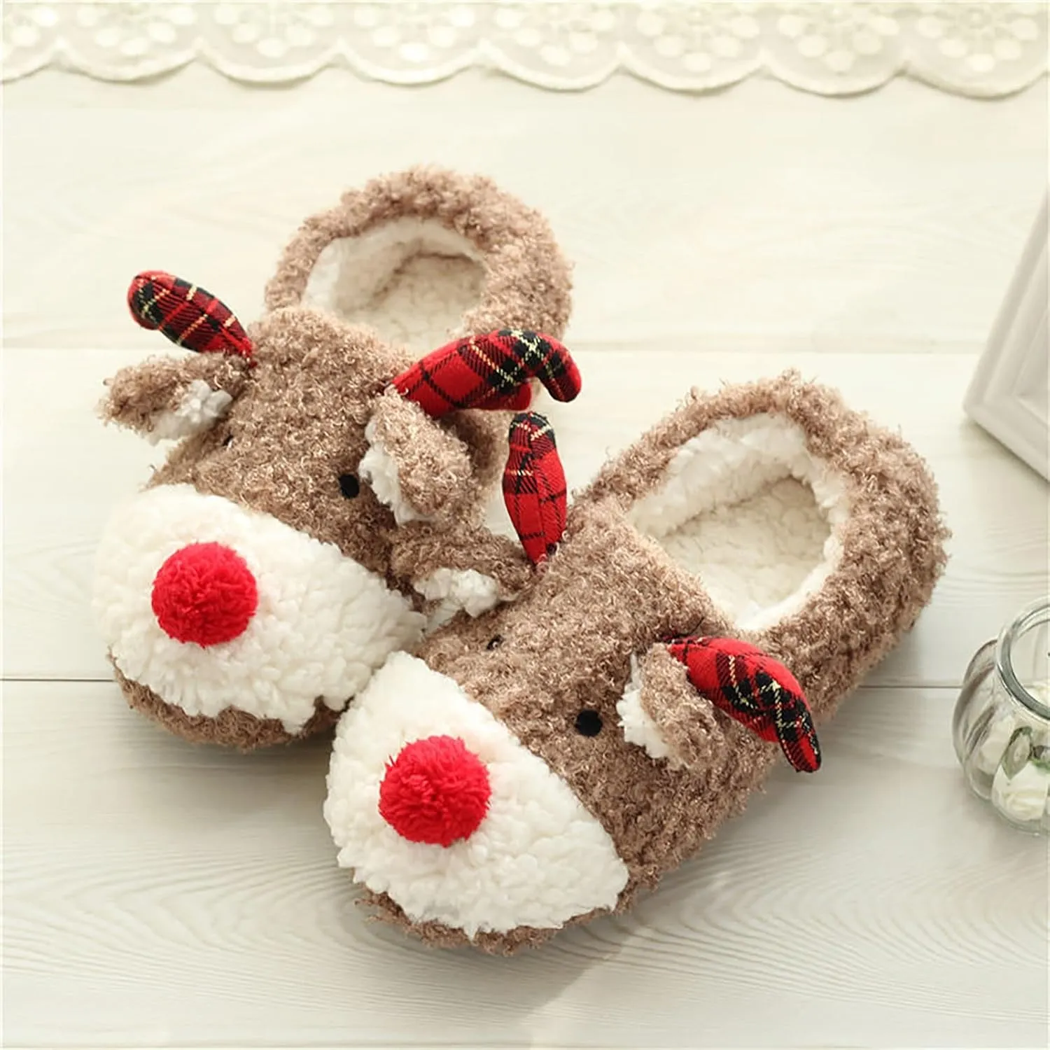 Christmas Slippers for Women Cute Reindeer Winter Shoes Xmas Men's Pattern Warm Memory Foam Bedroom Slipper Indoor Soft Cartoon Slip Ons Fuzzy Plush House Slides Festive Party Stuff