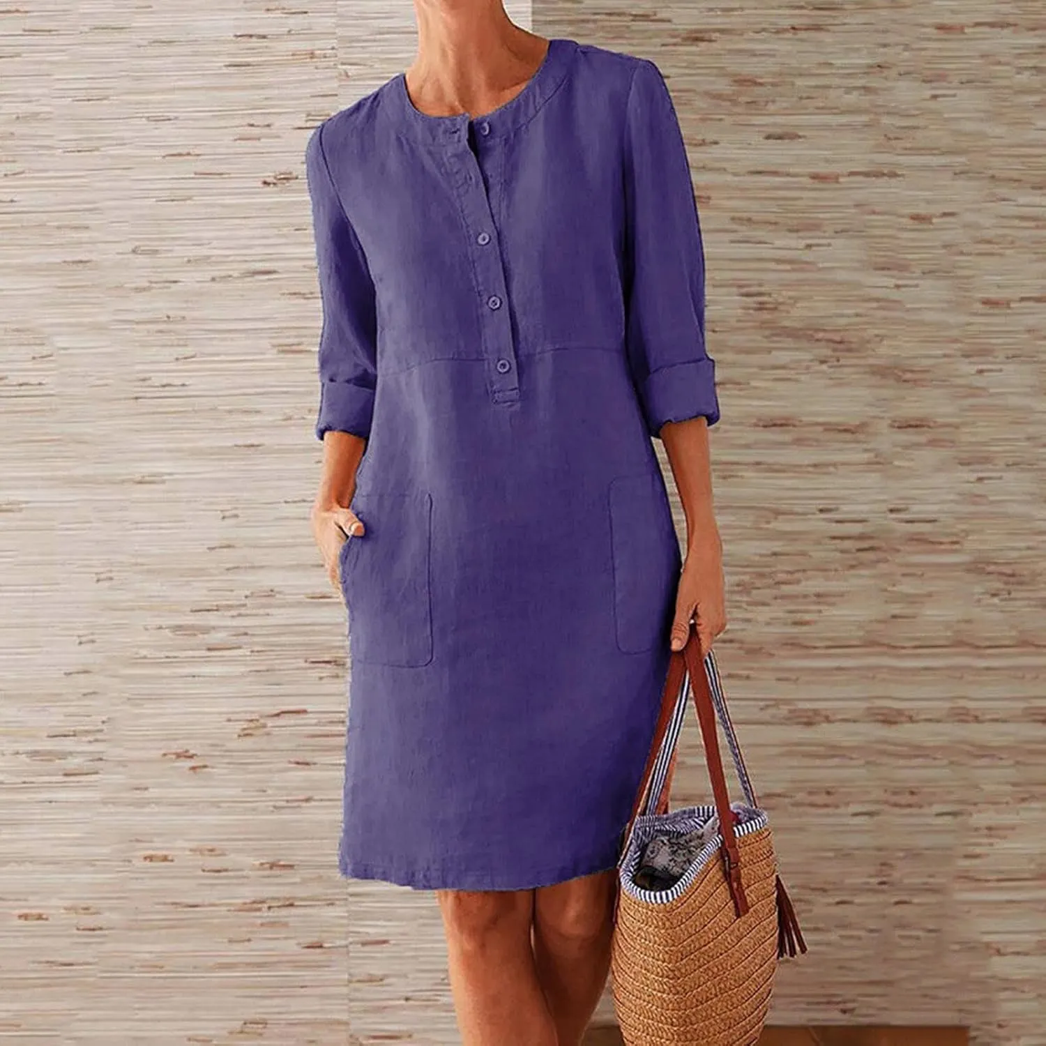 Cotton Linen Dresses for Women 2024 Fall Long Sleeve Solid Button Down Dress Semi Formal Pullover Top Linen Dresses