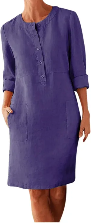 Cotton Linen Dresses for Women 2024 Fall Long Sleeve Solid Button Down Dress Semi Formal Pullover Top Linen Dresses