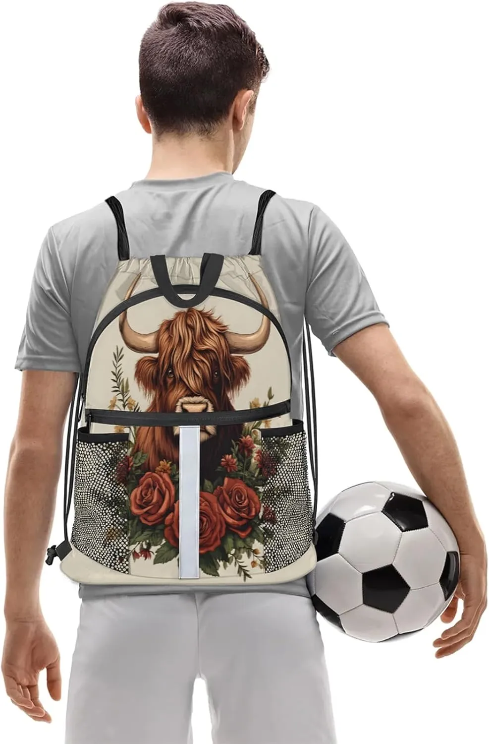 Cow Drawstring Backpack Waterproof Flower Cow Small String Bags Sackpack for Sports, Gym, Travel, Swimming, Beach