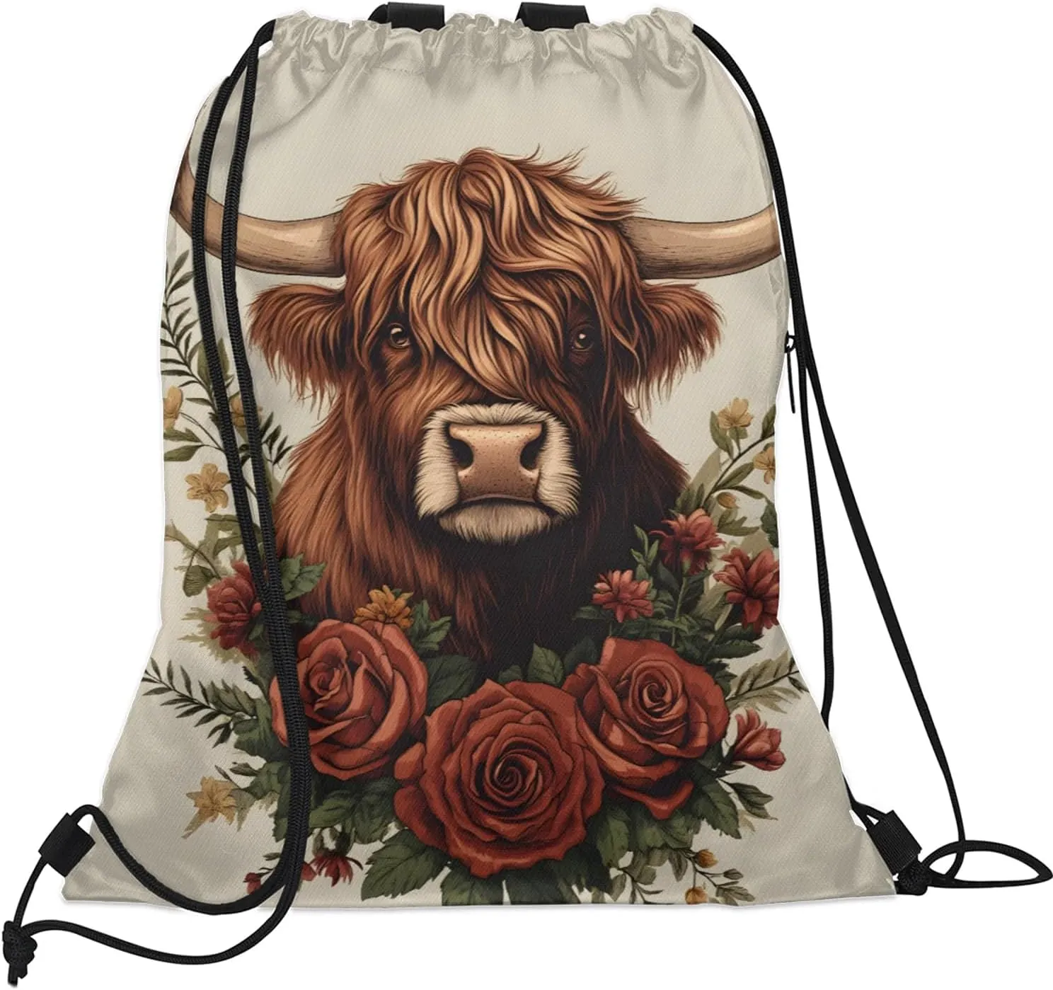Cow Drawstring Backpack Waterproof Flower Cow Small String Bags Sackpack for Sports, Gym, Travel, Swimming, Beach