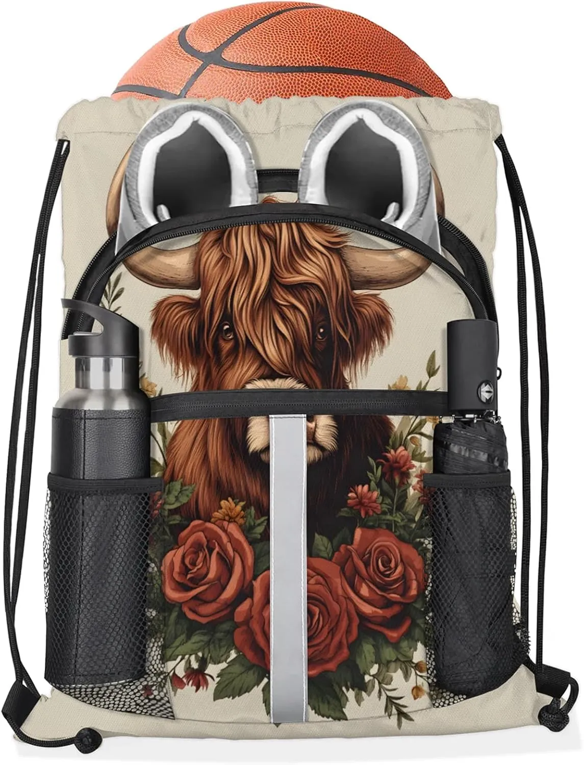 Cow Drawstring Backpack Waterproof Flower Cow Small String Bags Sackpack for Sports, Gym, Travel, Swimming, Beach