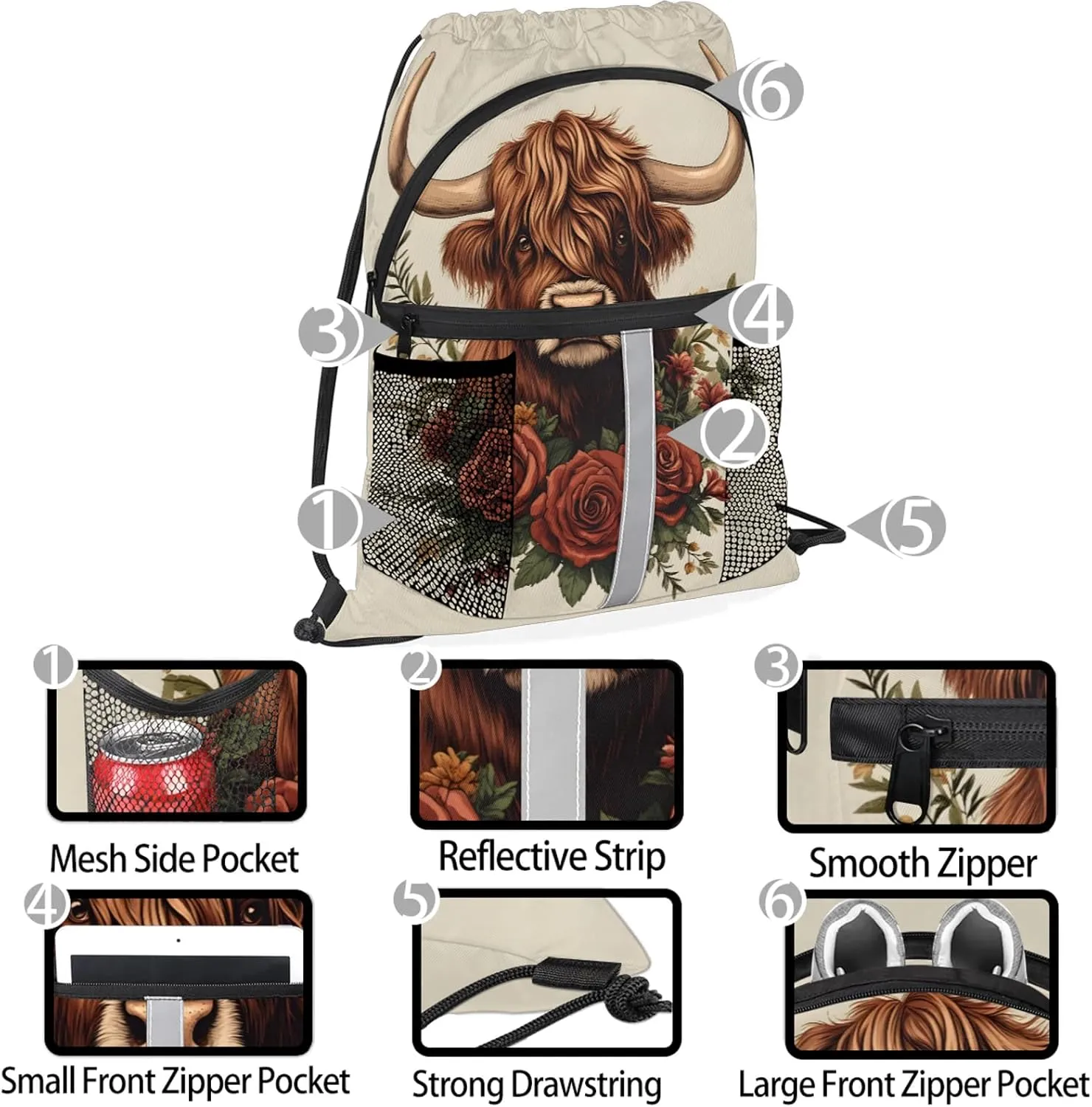 Cow Drawstring Backpack Waterproof Flower Cow Small String Bags Sackpack for Sports, Gym, Travel, Swimming, Beach