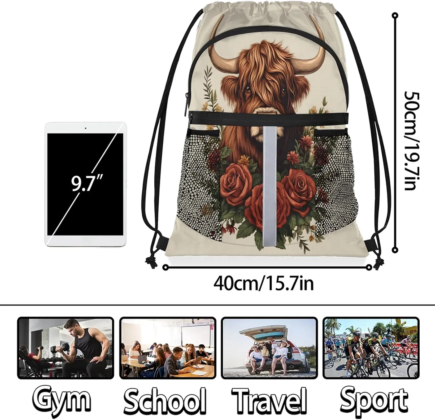 Cow Drawstring Backpack Waterproof Flower Cow Small String Bags Sackpack for Sports, Gym, Travel, Swimming, Beach