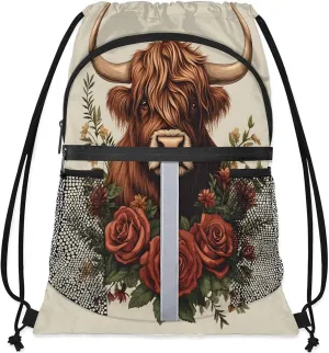 Cow Drawstring Backpack Waterproof Flower Cow Small String Bags Sackpack for Sports, Gym, Travel, Swimming, Beach