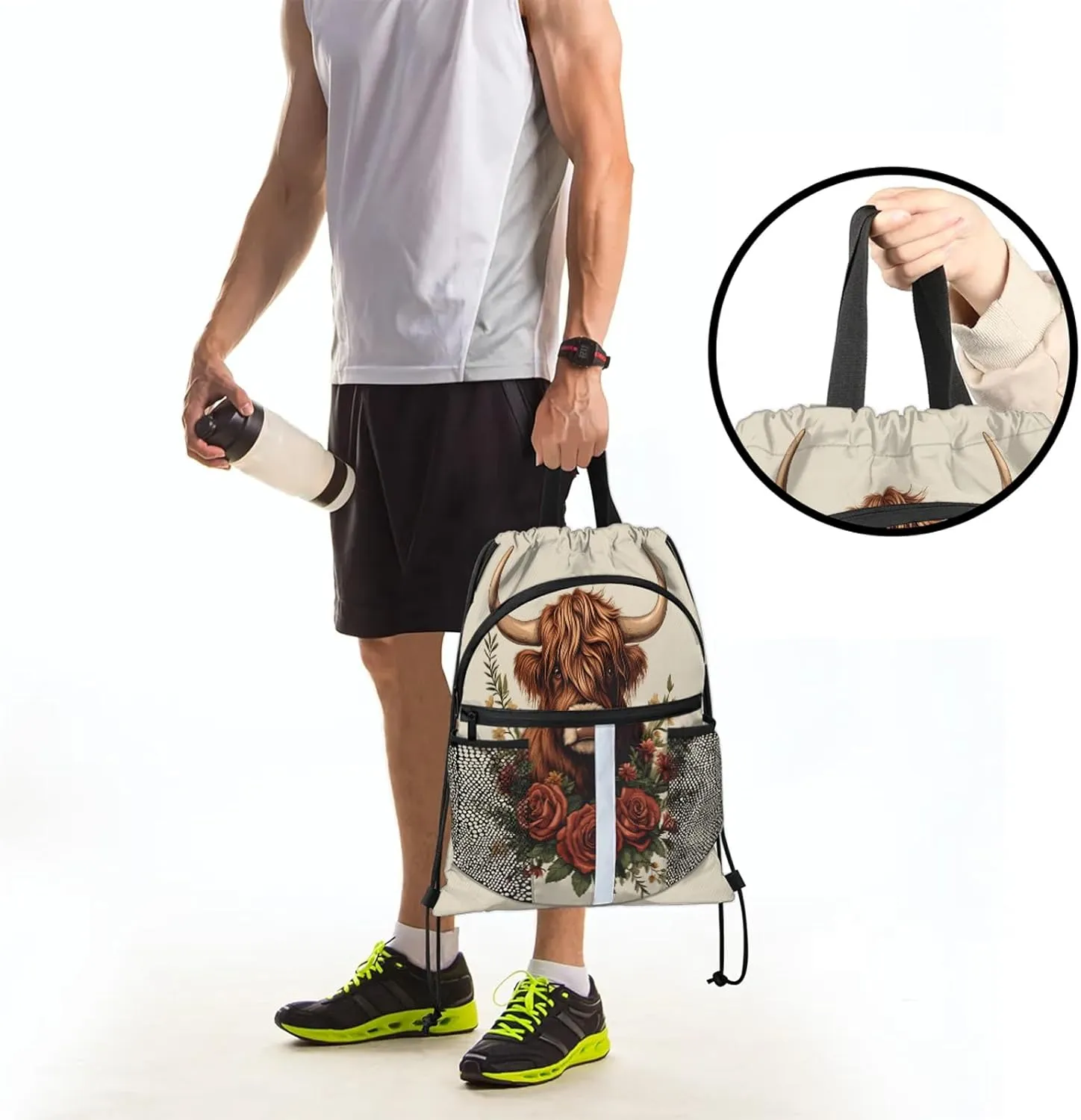 Cow Drawstring Backpack Waterproof Flower Cow Small String Bags Sackpack for Sports, Gym, Travel, Swimming, Beach