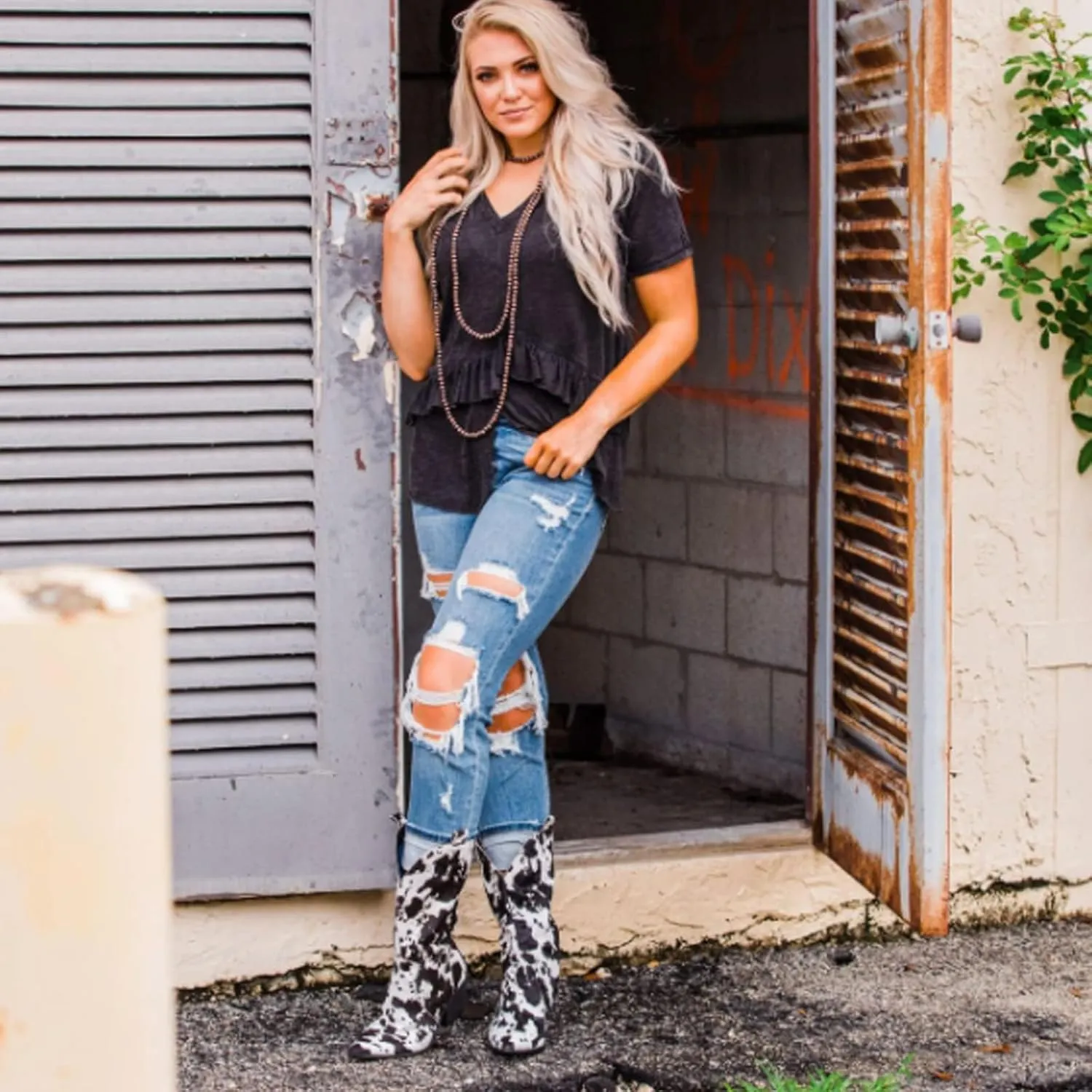 Cowboy Boots for Women Cowgirl Boots Wide Calf Pointed Toe Cow Printed Fashion Western Chunky Knee High Boot
