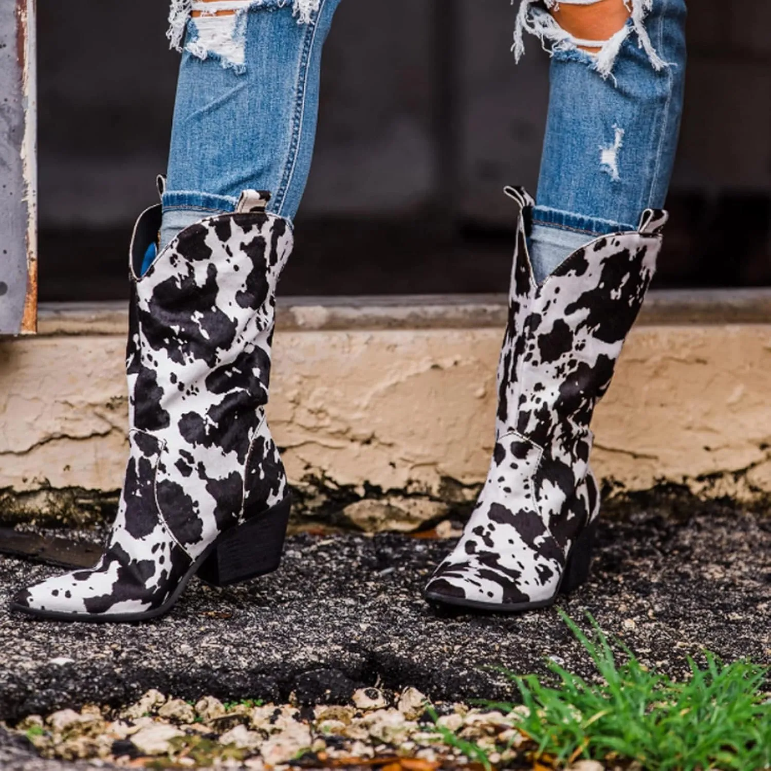 Cowboy Boots for Women Cowgirl Boots Wide Calf Pointed Toe Cow Printed Fashion Western Chunky Knee High Boot