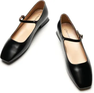 C.Paravano Women's Mary Jane Shoes Square Toe Flats for Women Ballet Flats with Strap Dressy Casual Work Office Party, Low Block Heels Mary Jane Pumps(Black,9.5)