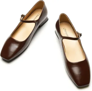 C.Paravano Women's Mary Jane Shoes Square Toe Flats for Women Ballet Flats with Strap Dressy Casual Work Office Party, Low Block Heels Mary Jane Pumps(Brown,8.5)