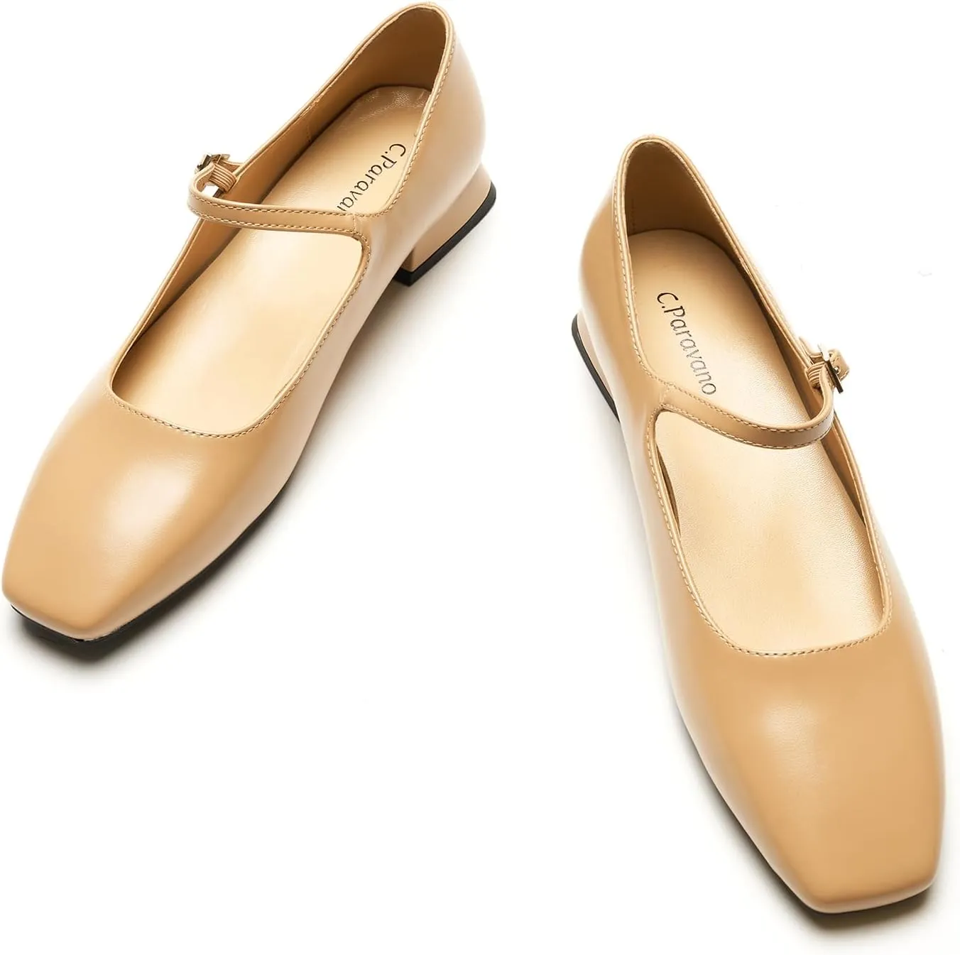 C.Paravano Women's Mary Jane Shoes Square Toe Flats for Women Ballet Flats with Strap Dressy Casual Work Office Party, Low Block Heels Mary Jane Pumps(Dark Beige,9.5)