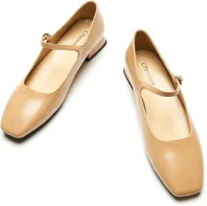C.Paravano Women's Mary Jane Shoes Square Toe Flats for Women Ballet Flats with Strap Dressy Casual Work Office Party, Low Block Heels Mary Jane Pumps(Dark Beige,9.5)