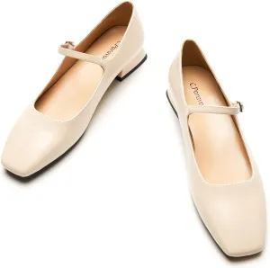 C.Paravano Women's Mary Jane Shoes Square Toe Flats for Women Ballet Flats with Strap Dressy Casual Work Office Party, Low Block Heels Mary Jane Pumps(Ivory,8)