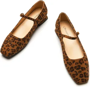 C.Paravano Women's Mary Jane Shoes Square Toe Flats for Women Ballet Flats with Strap Dressy Casual Work Office Party, Low Block Heels Mary Jane Pumps(Leopard,10)