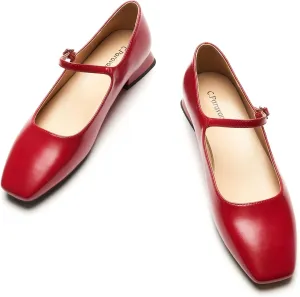 C.Paravano Women's Mary Jane Shoes Square Toe Flats for Women Ballet Flats with Strap Dressy Casual Work Office Party, Low Block Heels Mary Jane Pumps(Red,10)