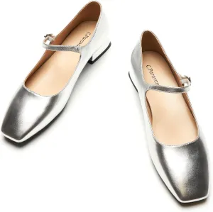 C.Paravano Women's Mary Jane Shoes Square Toe Flats for Women Ballet Flats with Strap Dressy Casual Work Office Party, Low Block Heels Mary Jane Pumps(Silver,8)
