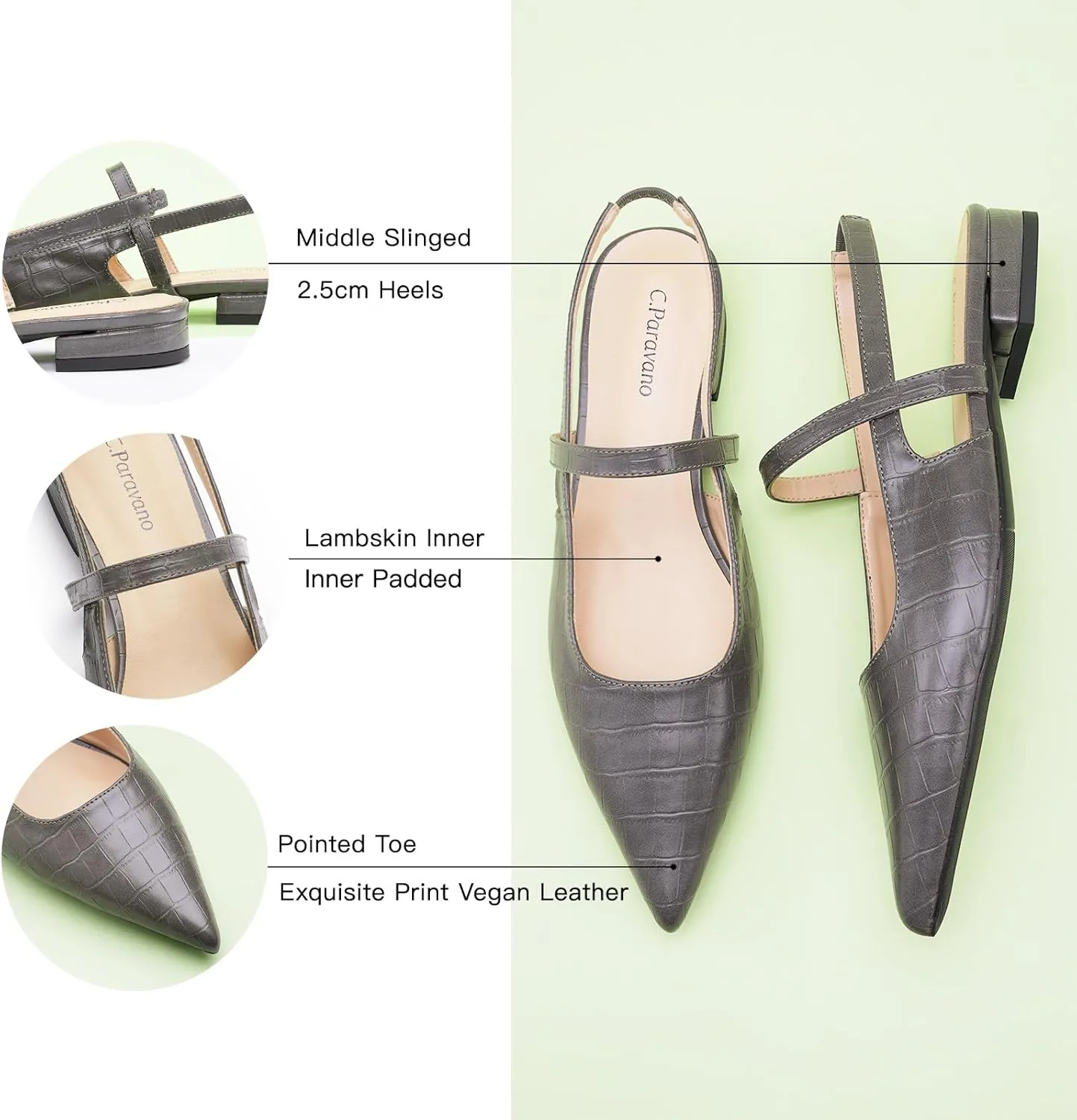 C.Paravano Women's Slingback Flats & Heels - Pointed Toe, Ankle Strap, Comfortable Leather Dress Shoes