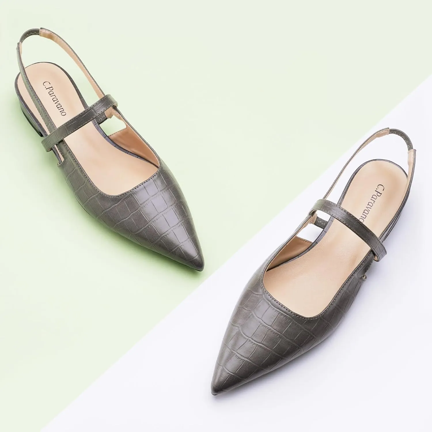 C.Paravano Women's Slingback Flats & Heels - Pointed Toe, Ankle Strap, Comfortable Leather Dress Shoes