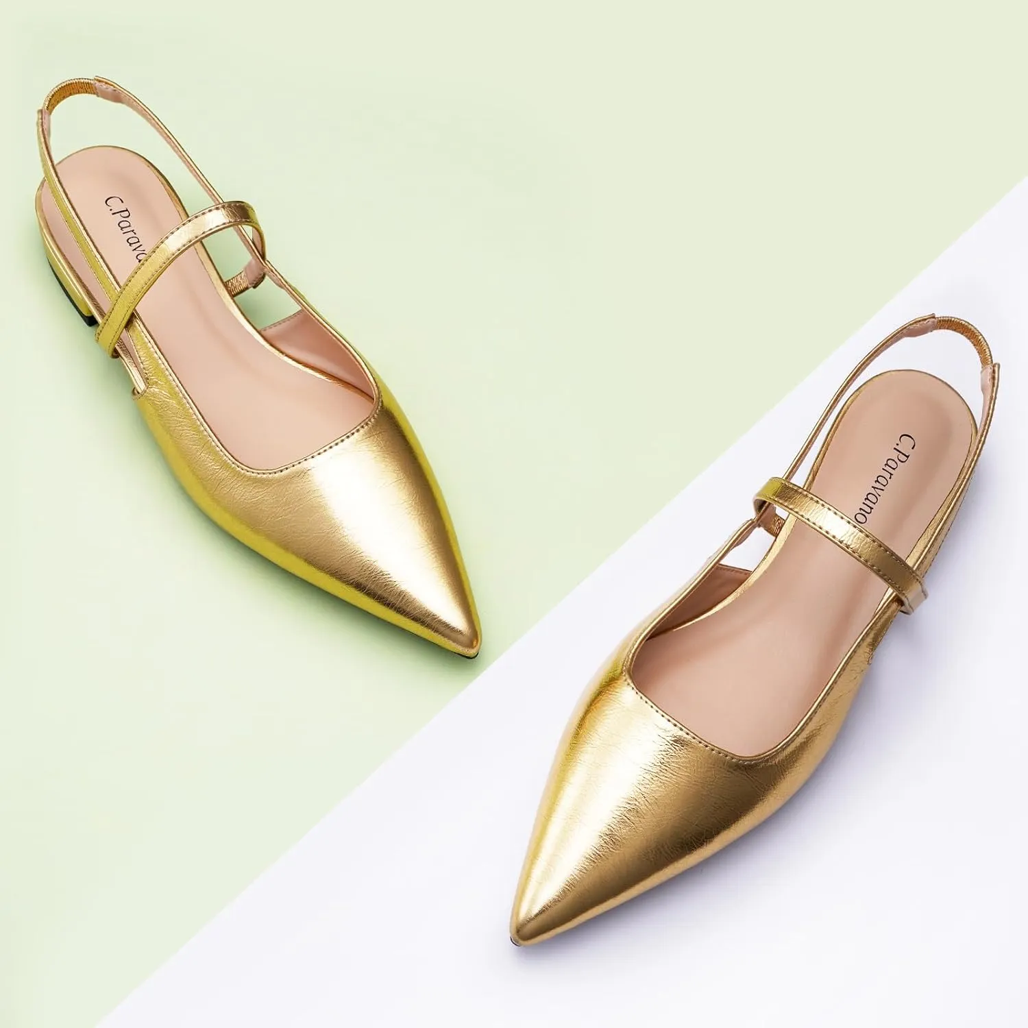 C.Paravano Women's Slingback Flats & Heels - Pointed Toe, Ankle Strap, Comfortable Leather Dress Shoes