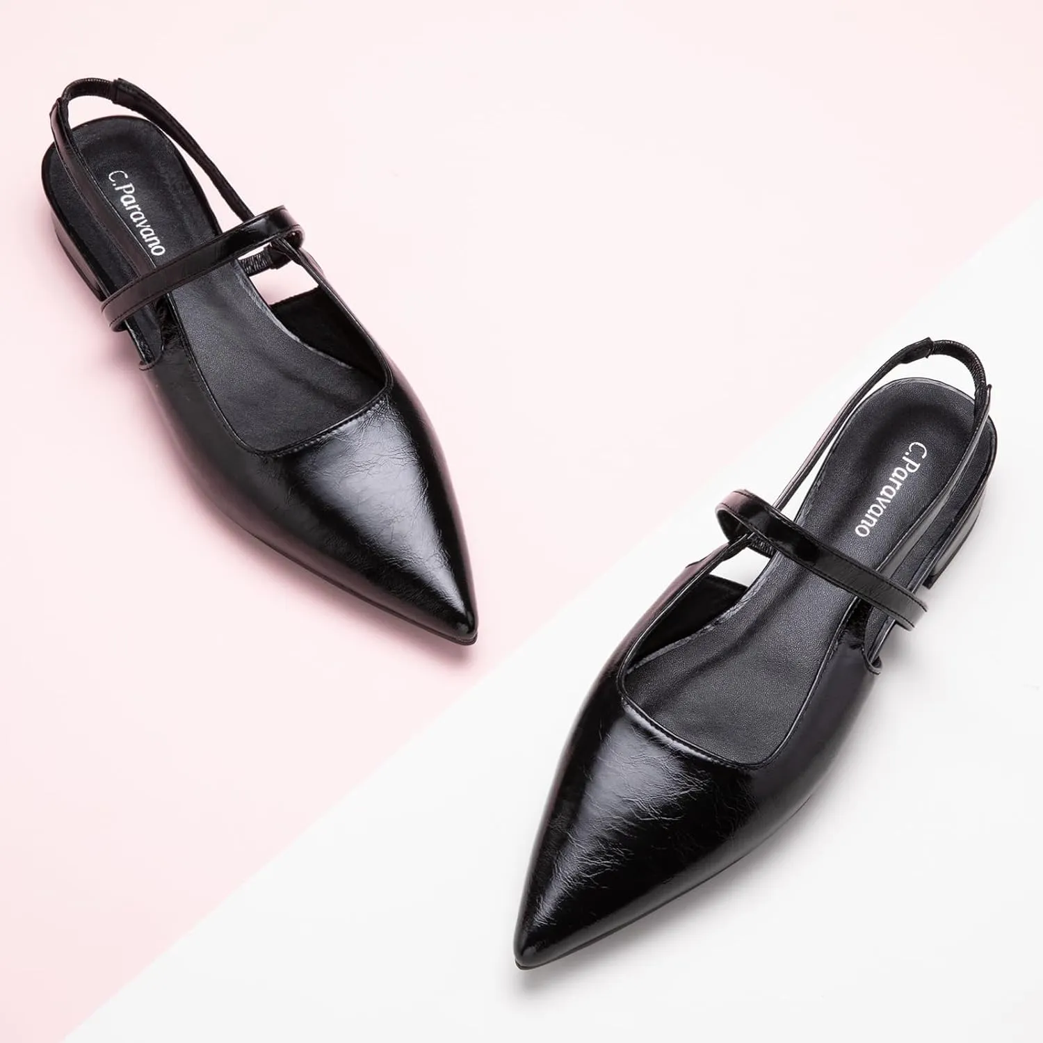 C.Paravano Women's Slingback Flats & Heels - Pointed Toe, Ankle Strap, Comfortable Leather Dress Shoes