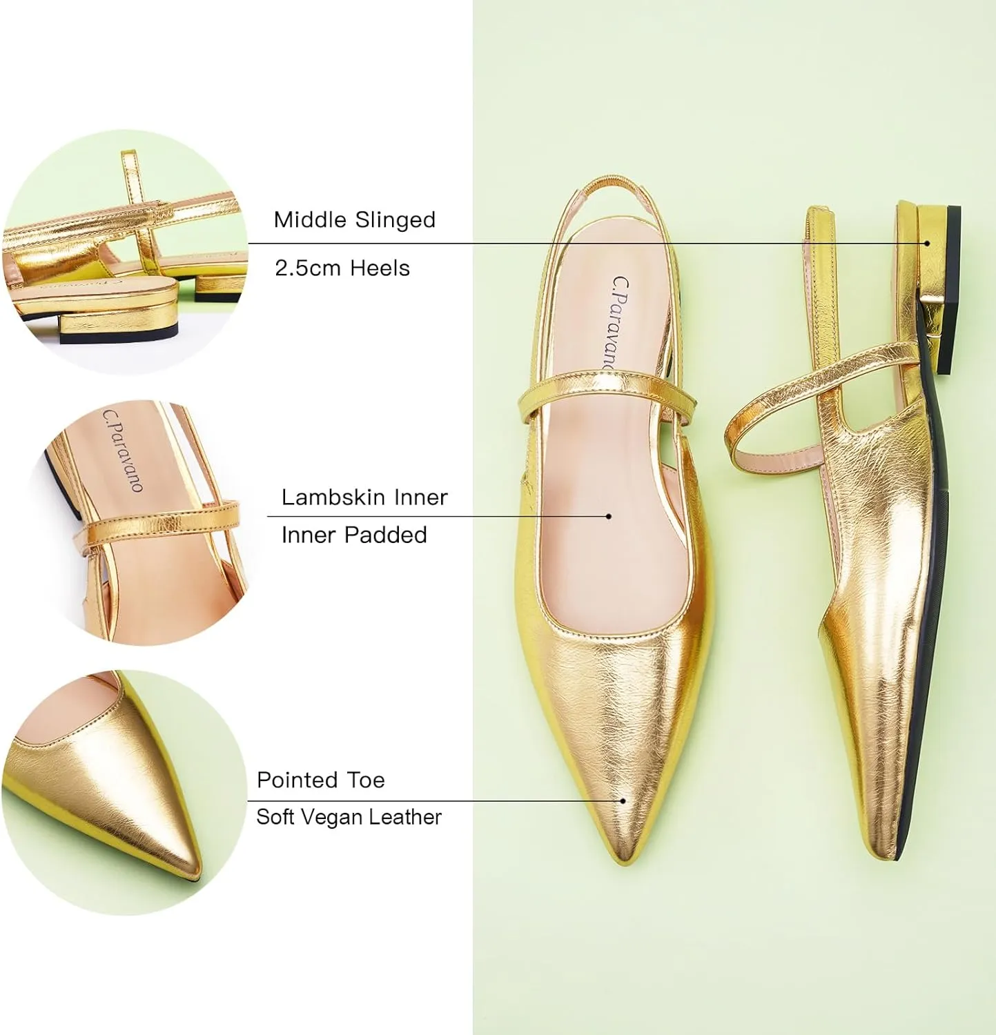 C.Paravano Women's Slingback Flats & Heels - Pointed Toe, Ankle Strap, Comfortable Leather Dress Shoes