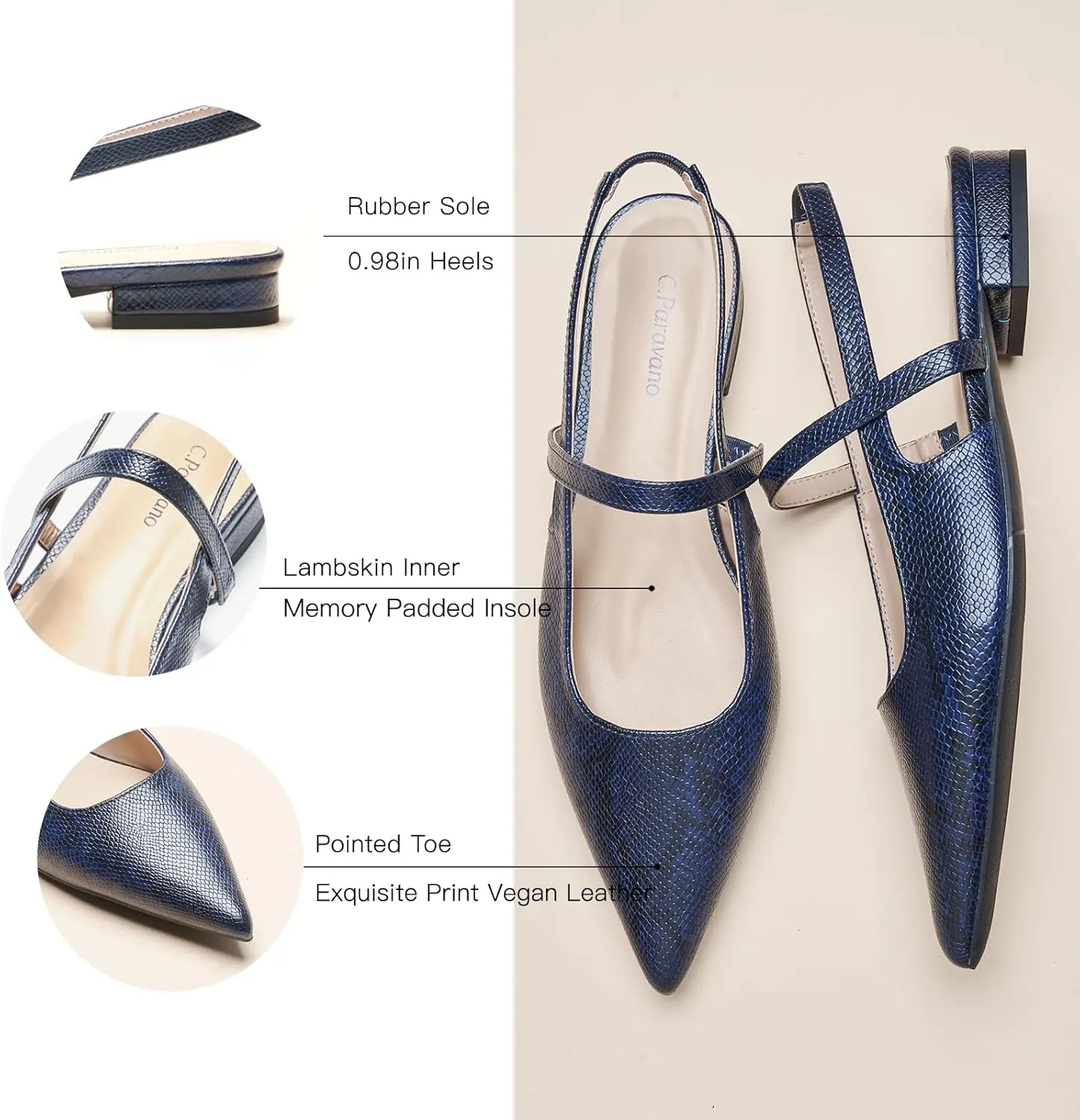 C.Paravano Women's Slingback Flats & Heels - Pointed Toe, Ankle Strap, Comfortable Leather Dress Shoes