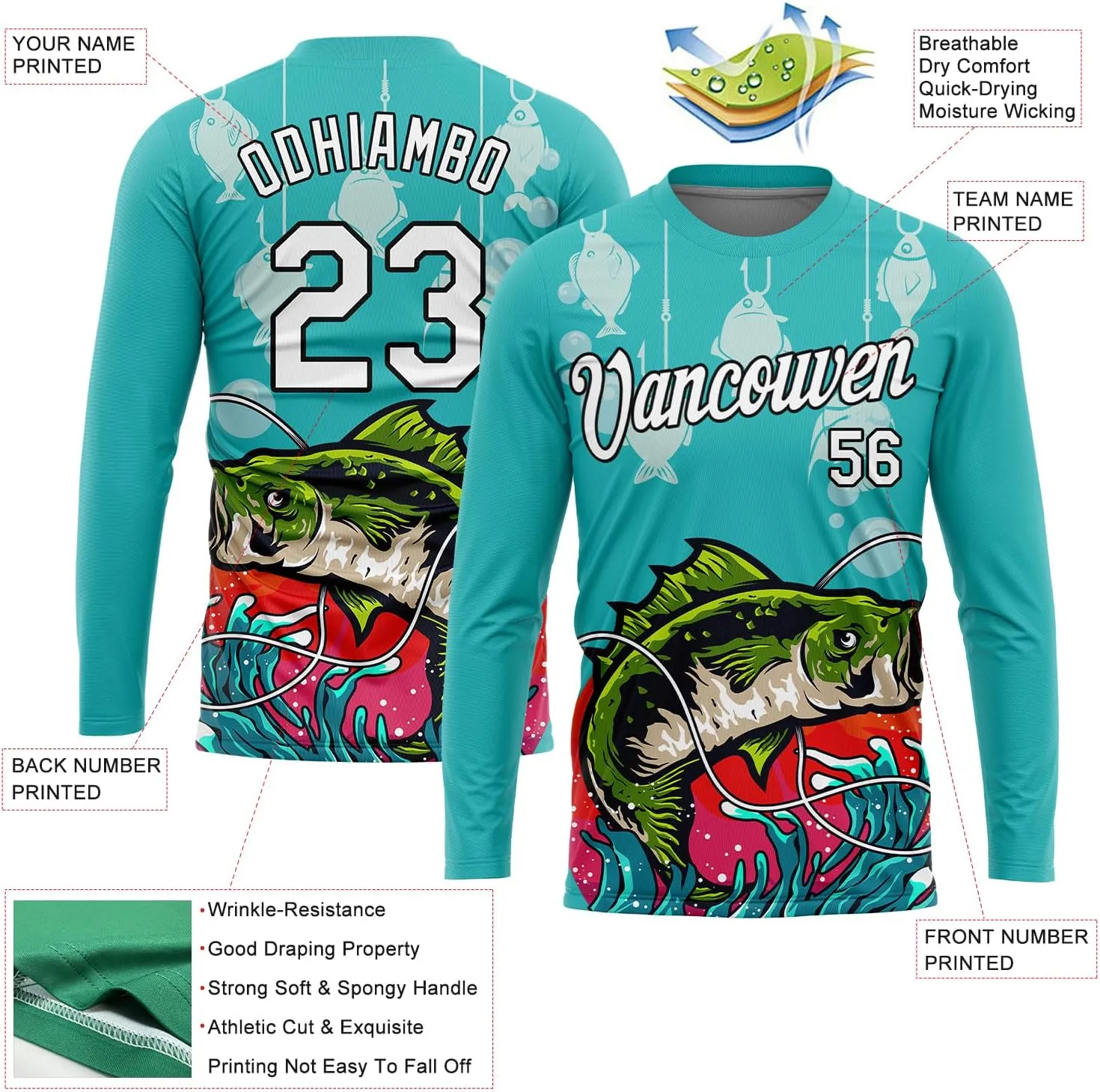Custom Novelty Fishing Shirt for Men Teens, Long Sleeve Graphic Tees Football Jersey Tops Printed Name/Number