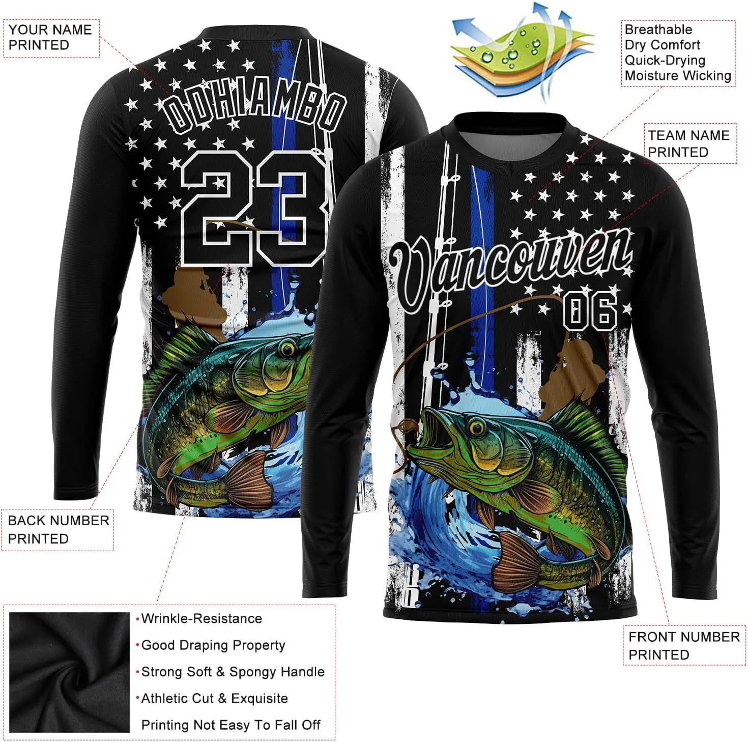 Custom Novelty Fishing Shirt for Men Teens, Long Sleeve Graphic Tees Football Jersey Tops Printed Name/Number